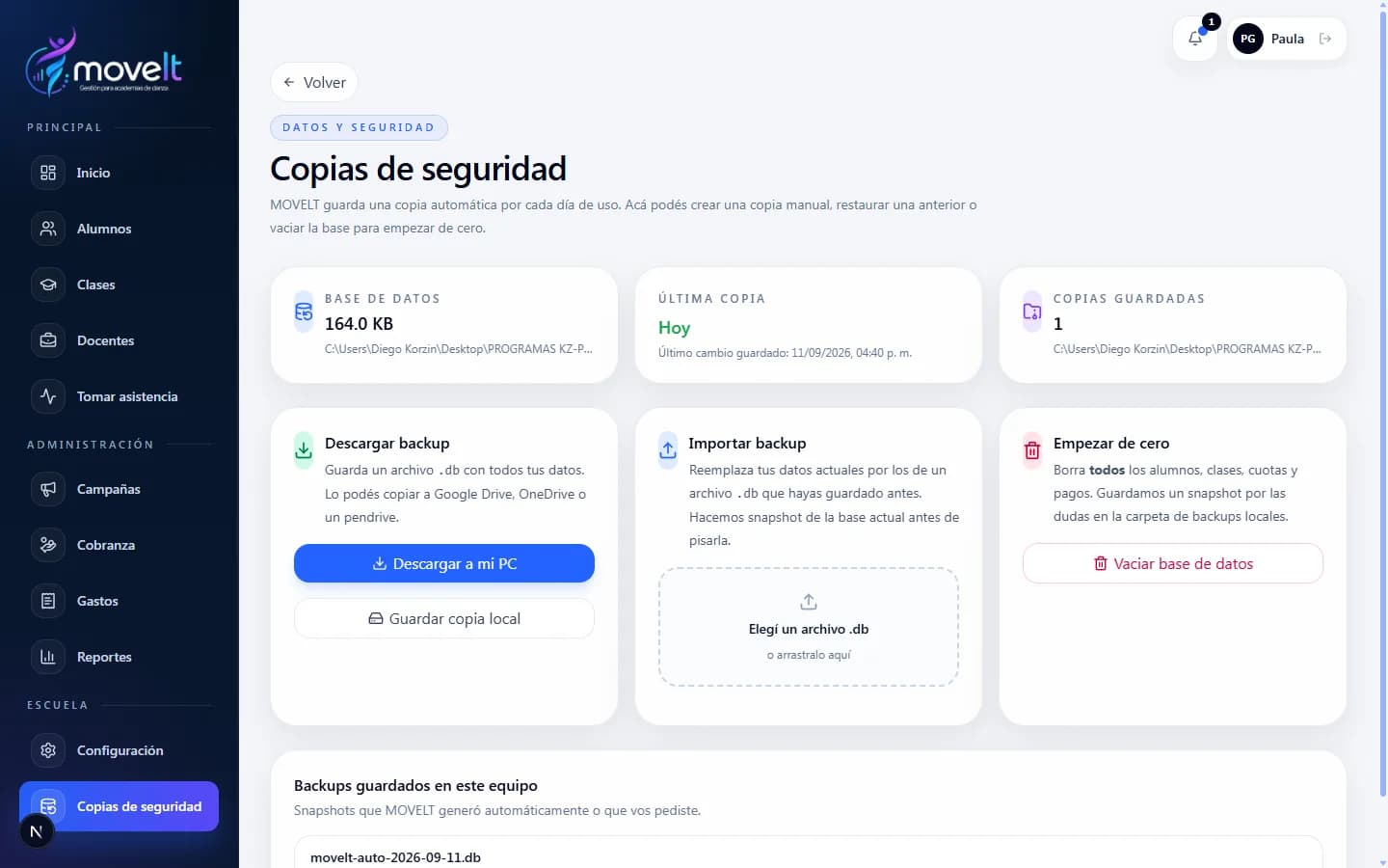 Pantalla de copias de seguridad de MOVELT, con la copia manual y la programada.